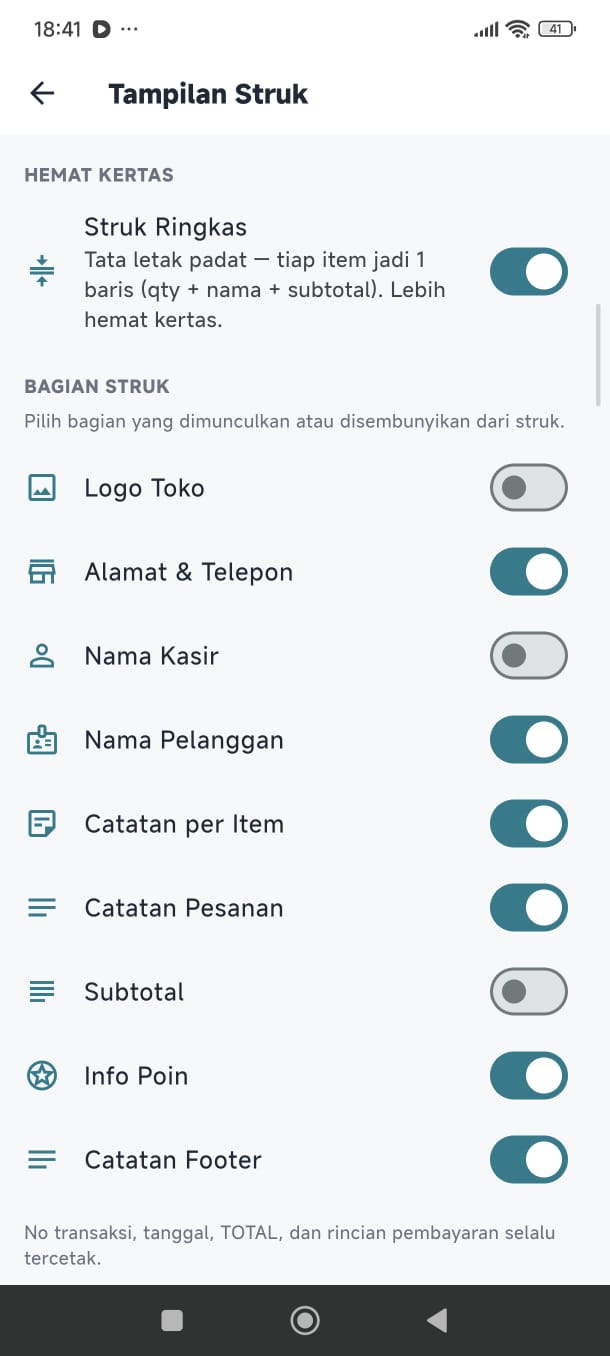 Pengaturan tampilan struk di Pundi POS