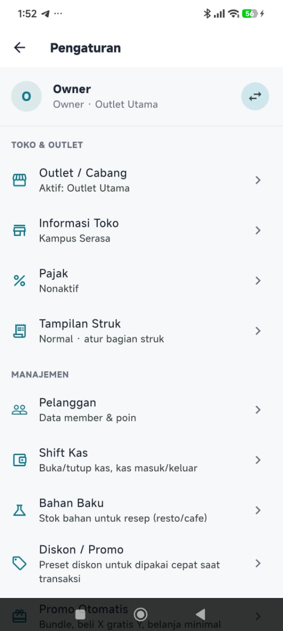 Pengaturan sinkron cloud dan tema di Pundi POS